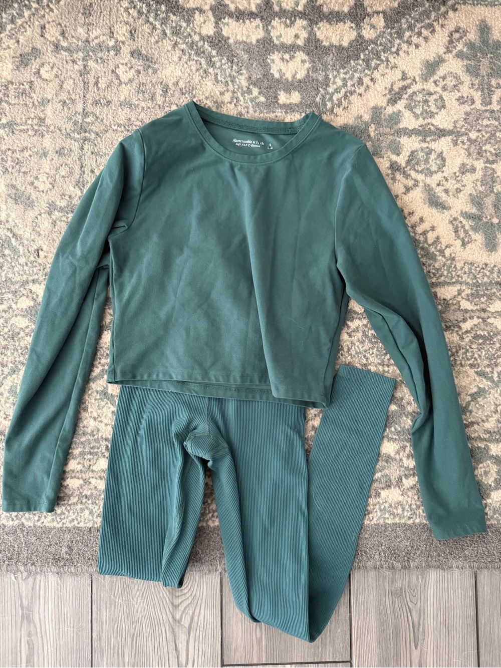 Abercrombie & Fitch Teal Long Sleeve Crop Top & Ribbed Leggings Set